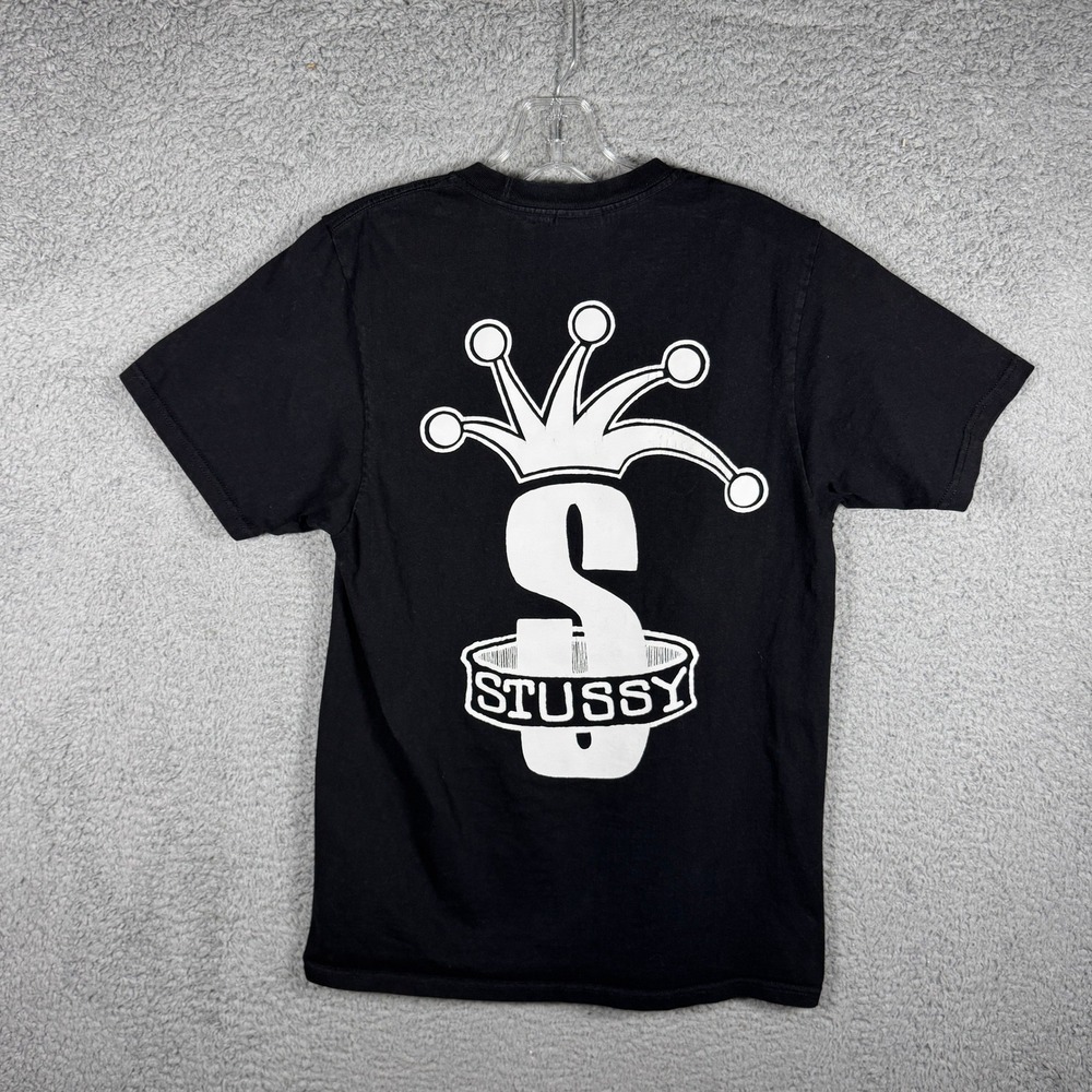 Stussy Mens Black Jester Crown S Logo Graphic T-Shirt Small Streetwear Tee